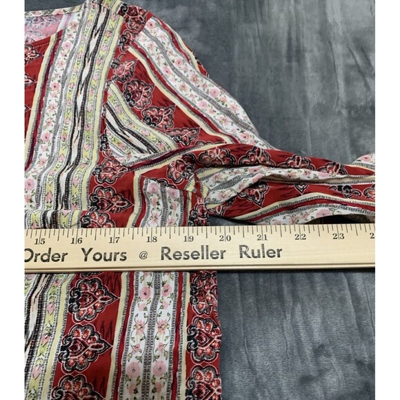 J Jill Top Women's Tunic Size Medium Red Tan 100% Rayon Long Sleeve Boho Flowy - Picture 12 of 13